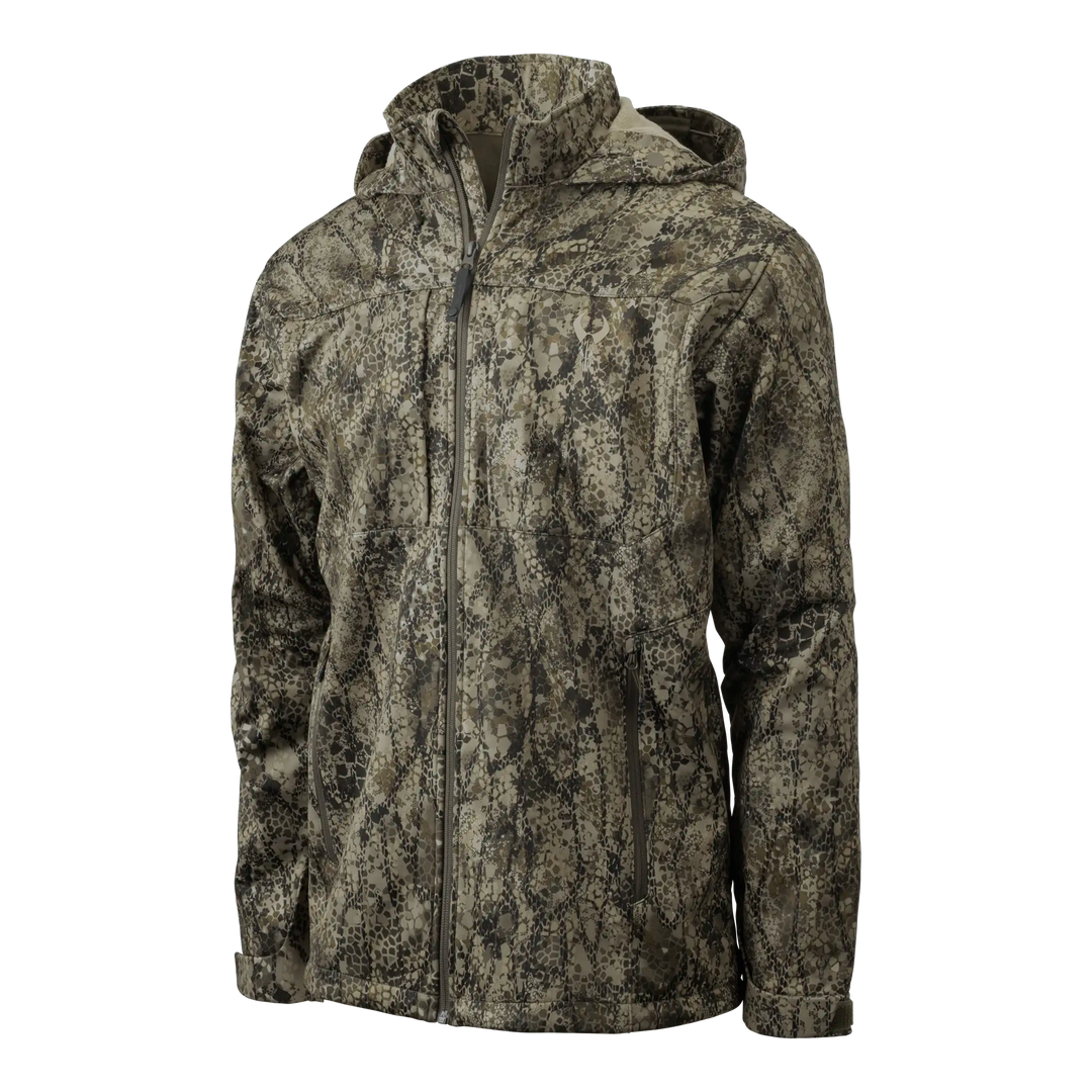 Badlands camo jacket with hood, front zipper, and skull logo on chest; designed for outdoor and hunting use.