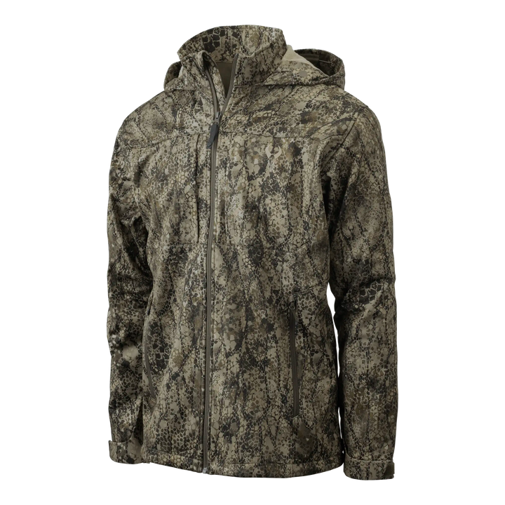 Badlands camo jacket with hood, front zipper, and skull logo on chest; designed for outdoor and hunting use.