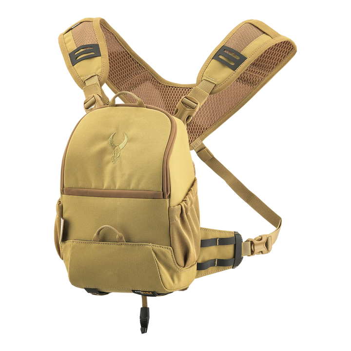 Tan Badlands hunting backpack with mesh straps and skull logo on front, designed for outdoor gear organization and comfort.