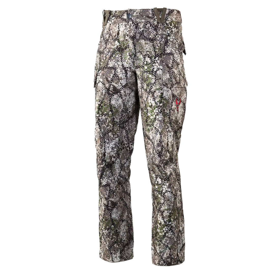 Badlands camo hunting pants with skull logo on pocket; earth-tone pattern for outdoor concealment.