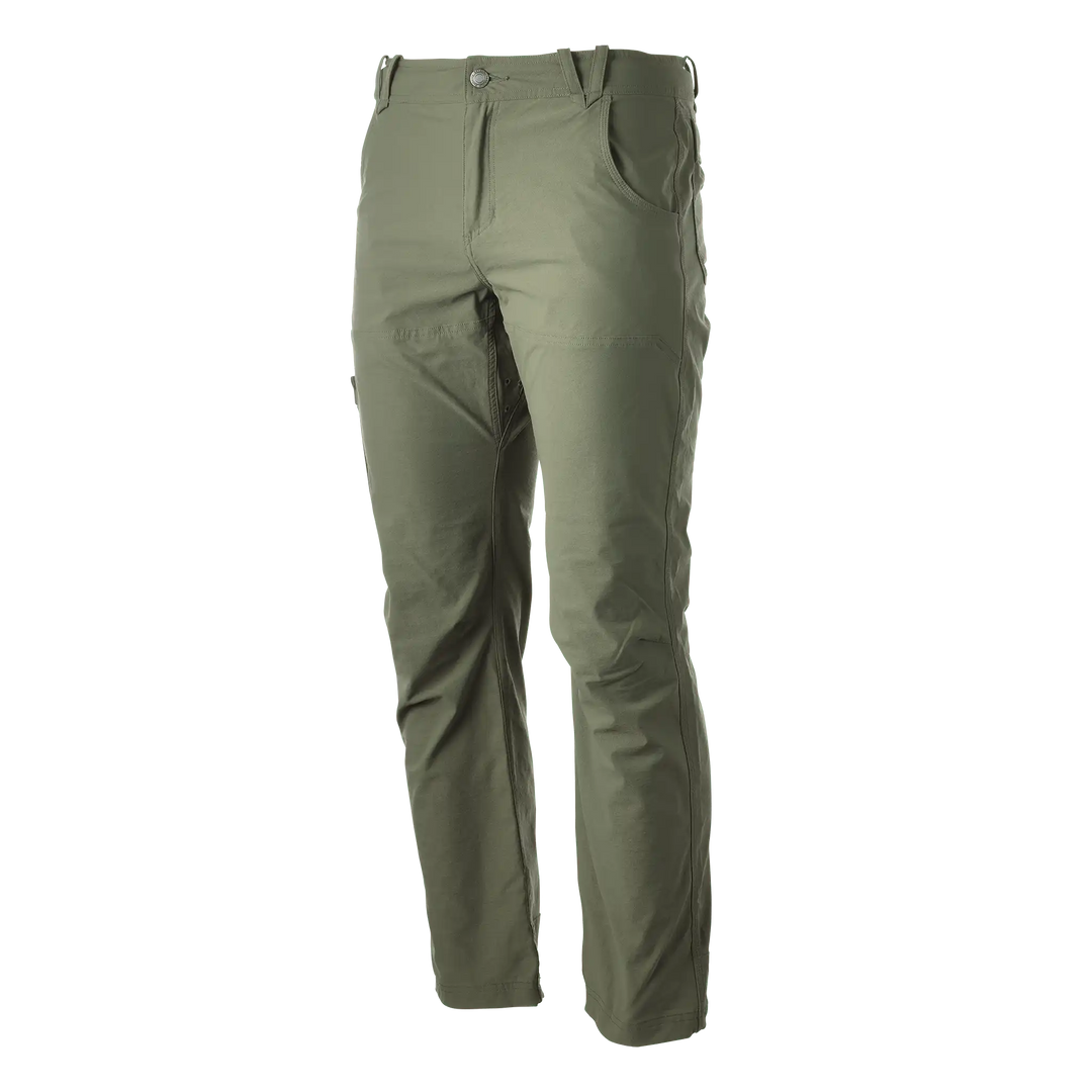 Olive Badlands pants with logo skull on back; straight fit, belt loops, and front pockets. Outdoor performance design.