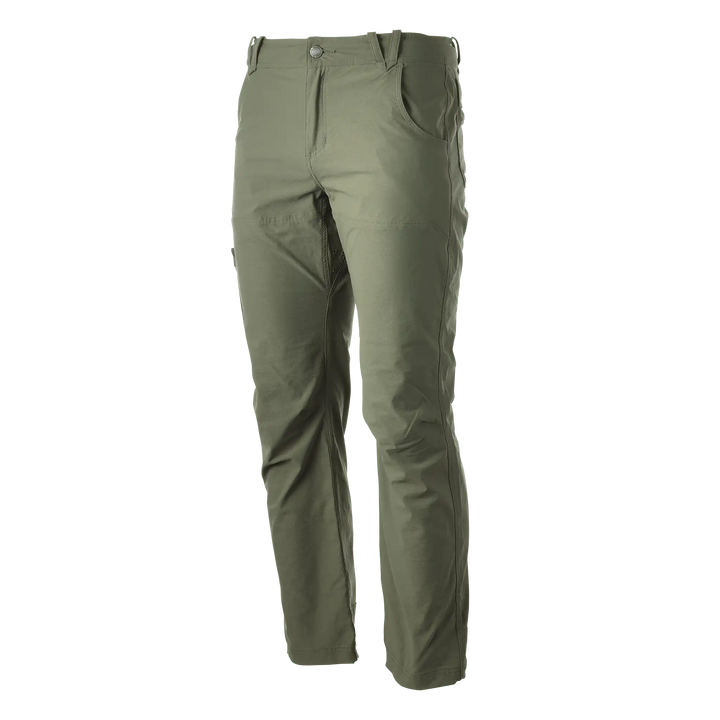 Olive Badlands pants with logo skull on back; straight fit, belt loops, and front pockets. Outdoor performance design.