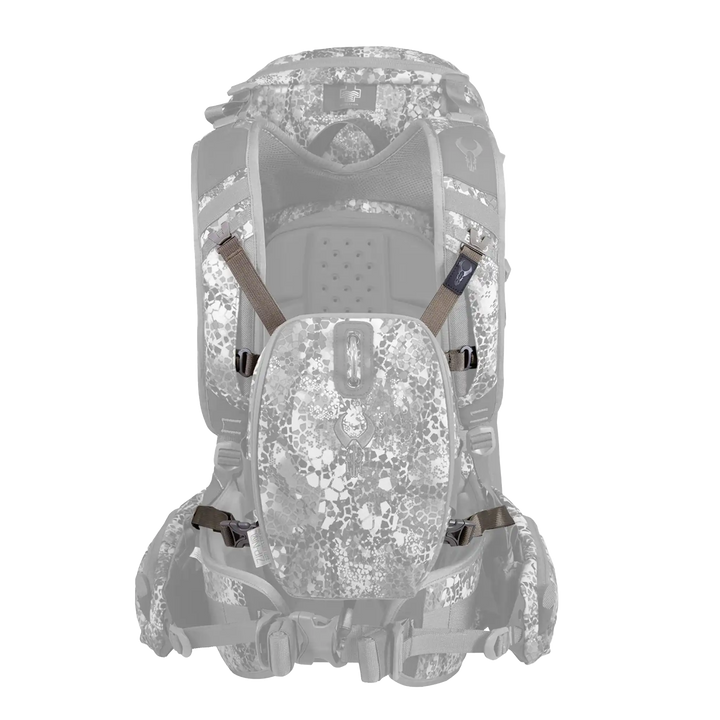 Badlands camo backpack with skull logo, ergonomic straps, and padded back panel, shown from the front.