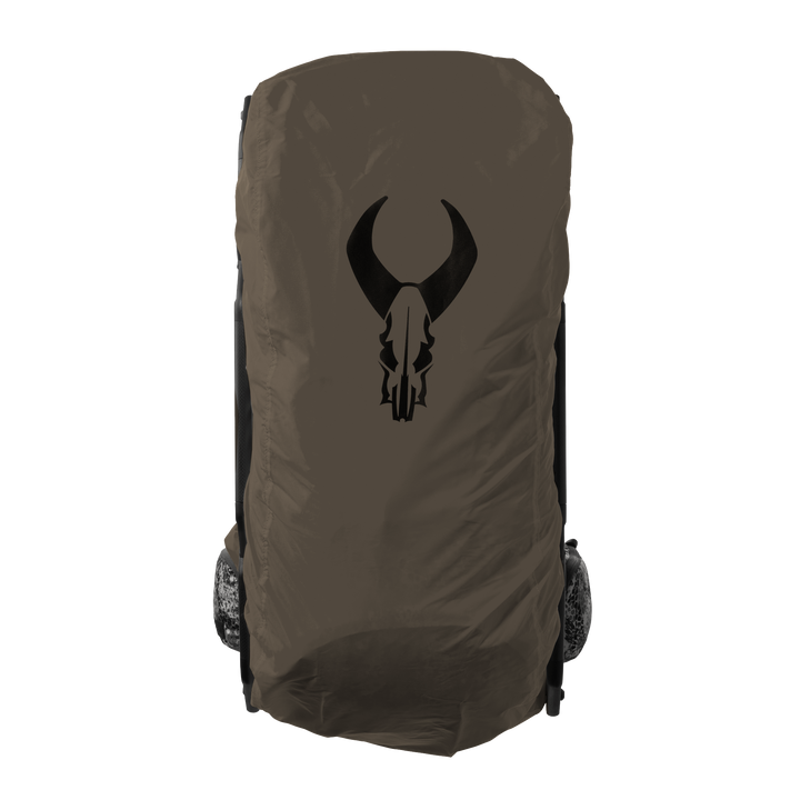 Brown Badlands backpack rain cover with black skull logo, shown from the back for clear brand identification.
