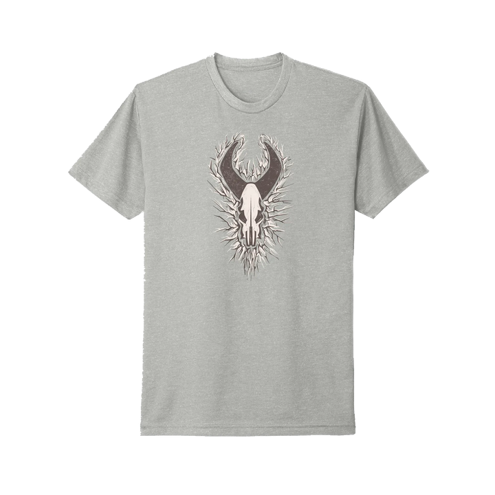 Heather gray t-shirt with Badlands skull logo and antlers graphic on the chest, surrounded by a spiked design.