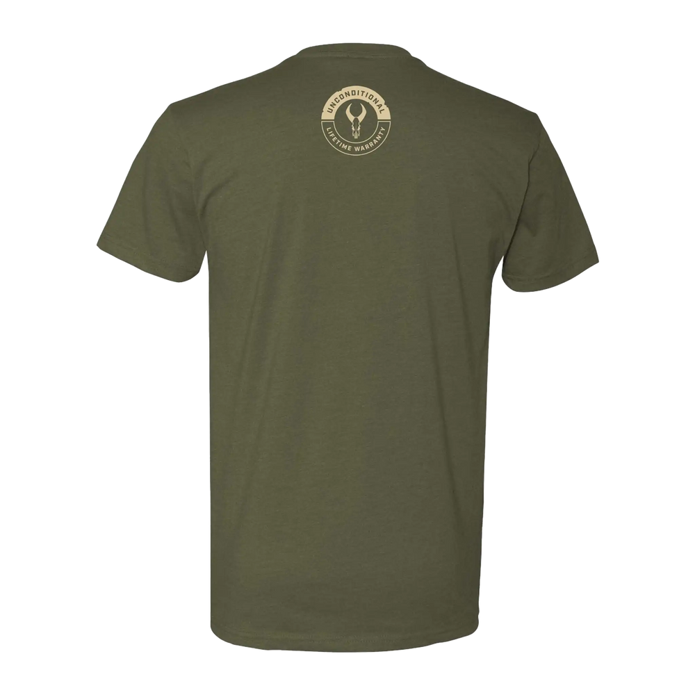 Olive Badlands t-shirt with small skull logo and "Unconditional Lifetime Warranty" text on upper back.