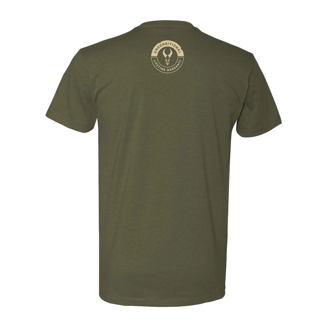 Olive Badlands t-shirt with small skull logo and "Unconditional Lifetime Warranty" text on upper back.