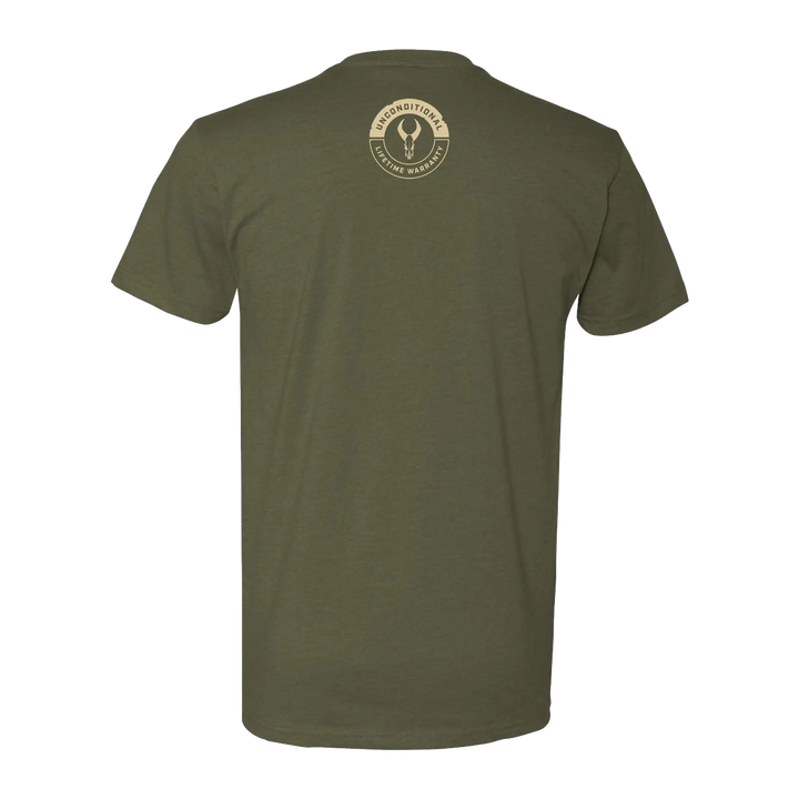 Olive Badlands t-shirt with small skull logo and "Unconditional Lifetime Warranty" text on upper back.