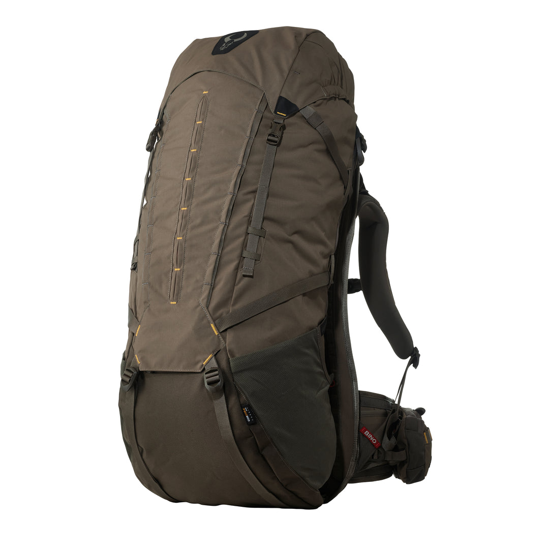 Large brown Badlands hunting backpack with skull logo, padded straps, and multiple gear attachment points.