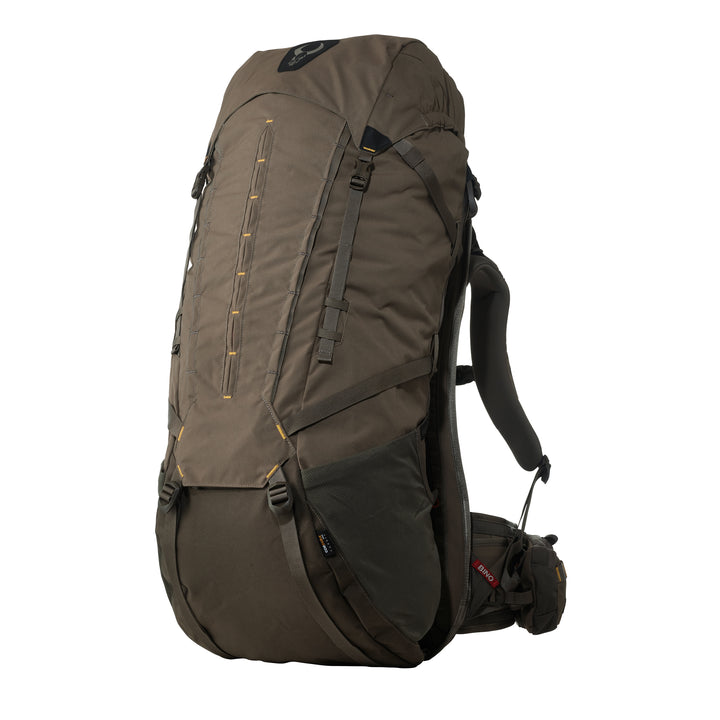 Large brown Badlands hunting backpack with skull logo, padded straps, and multiple gear attachment points.