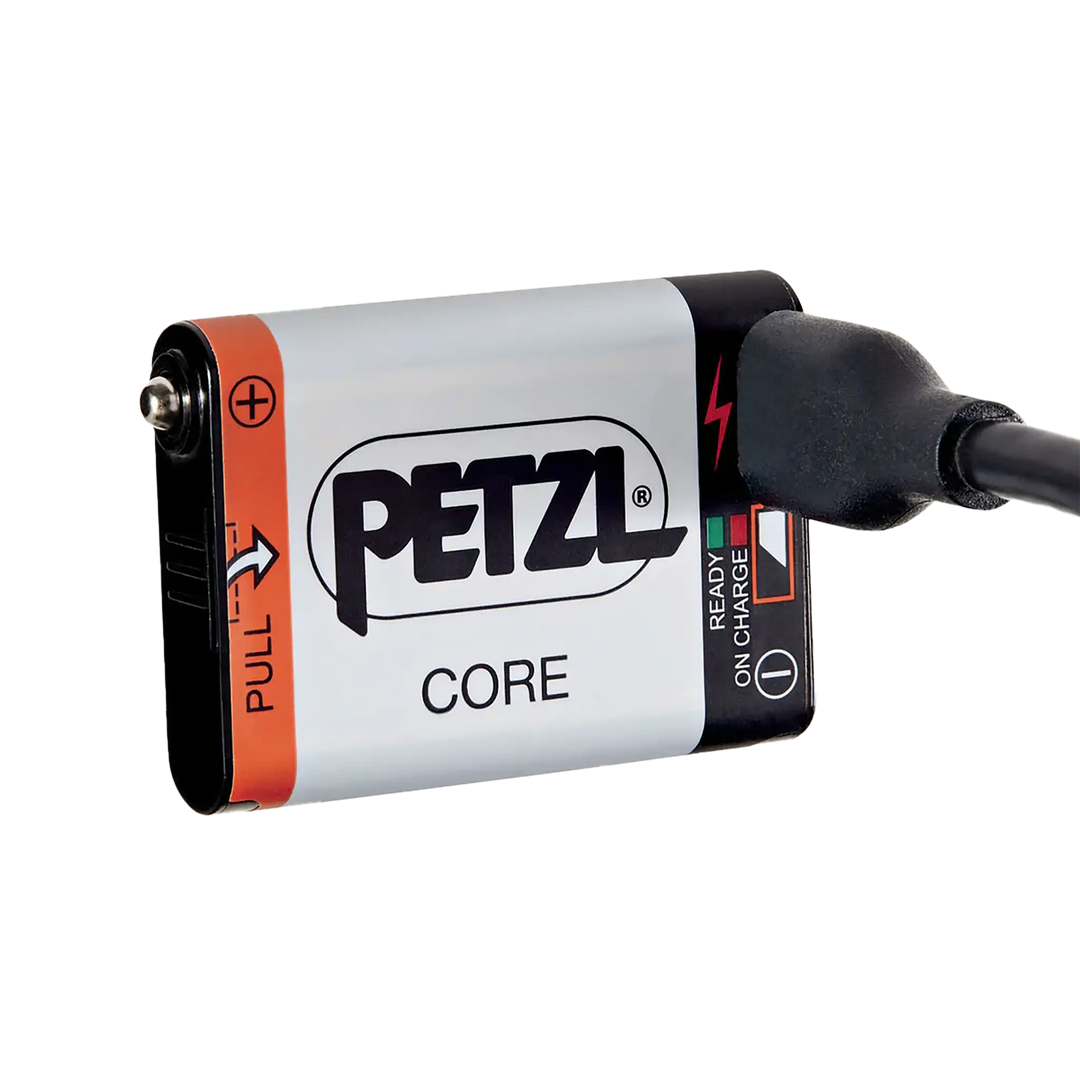Petzl CORE rechargeable battery charging via USB; LED shows status. For Petzl headlamps, ADA-friendly design.