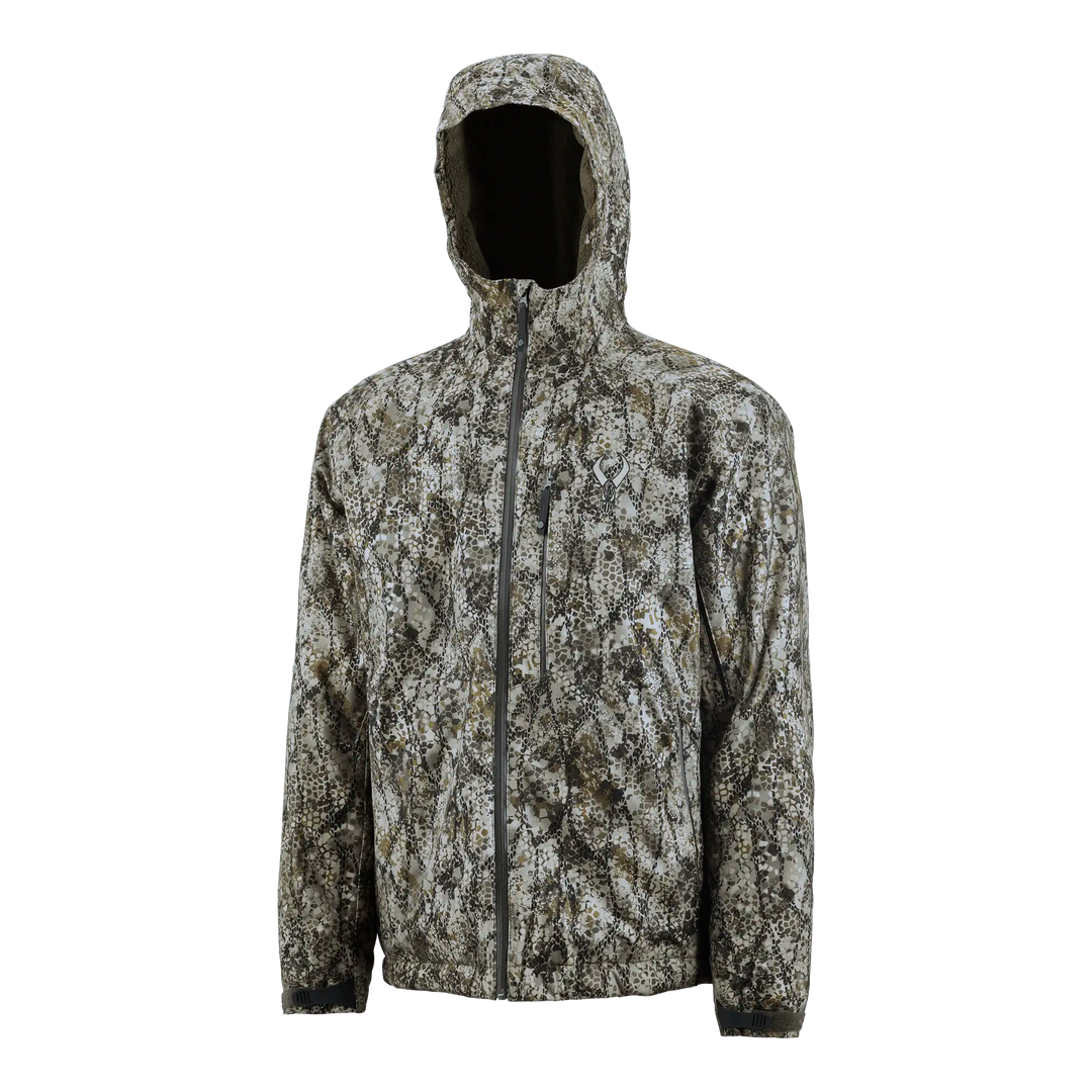 Badlands camo jacket with hood and front zipper; features Badlands skull logo on chest.