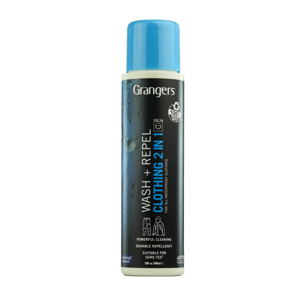 Grangers Wash + Repel Clothing 2-in-1 bottle for cleaning and waterproofing outdoor apparel. Blue cap, 300ml.