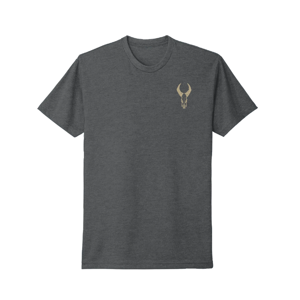 Dark gray Badlands t-shirt with tan skull logo on left chest; short sleeves, crew neck.