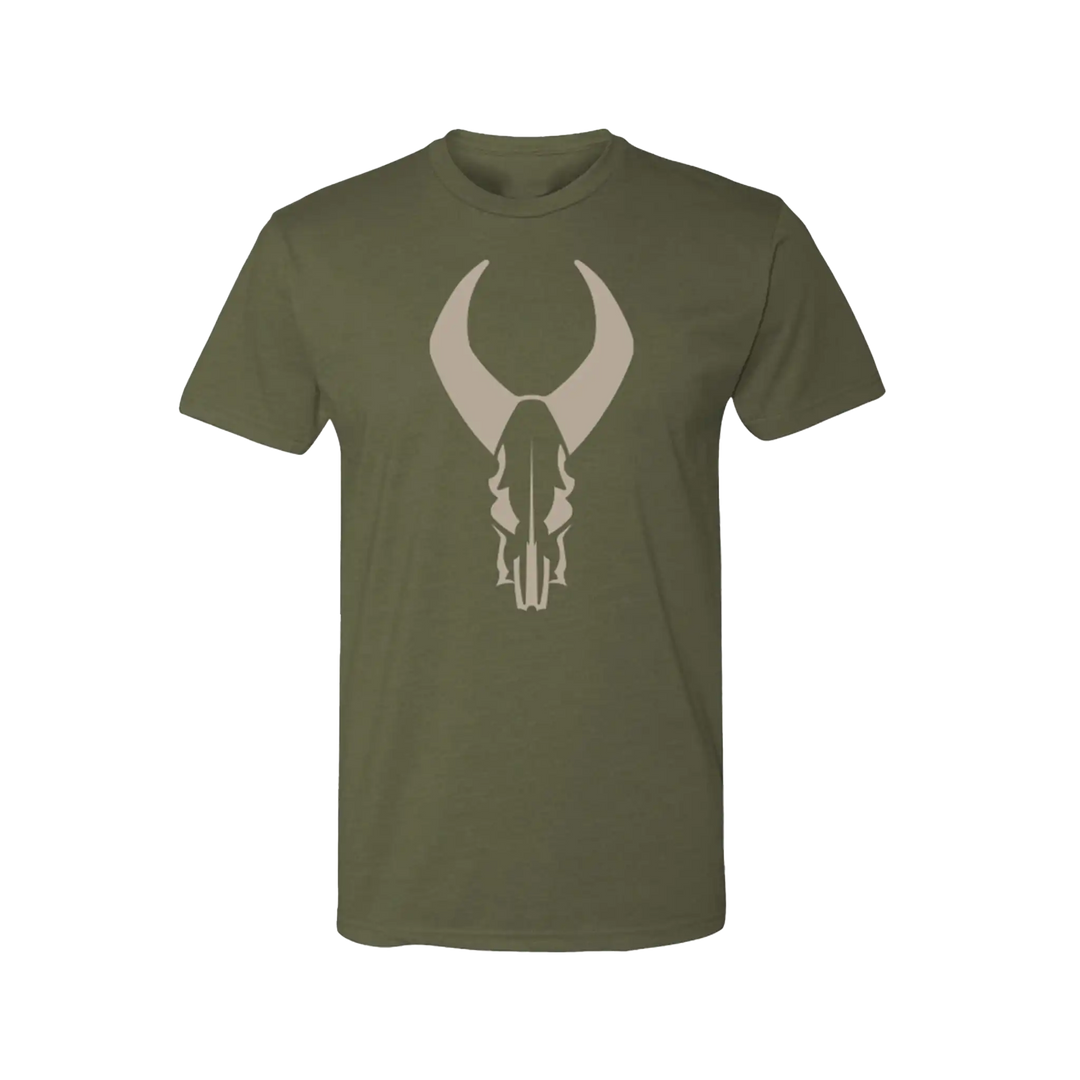 Olive green t-shirt with large tan Badlands skull logo centered on chest.
