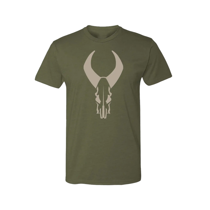 Olive green t-shirt with large tan Badlands skull logo centered on chest.