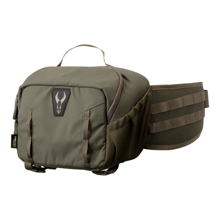 Olive green Badlands waist pack with large zippered pouch, side pockets, and skull logo on front. Adjustable padded belt.