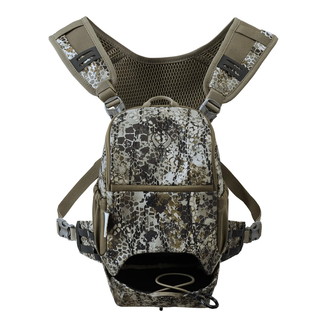 Badlands camo chest pack with mesh straps and skull logo, designed for outdoor gear organization and easy access.