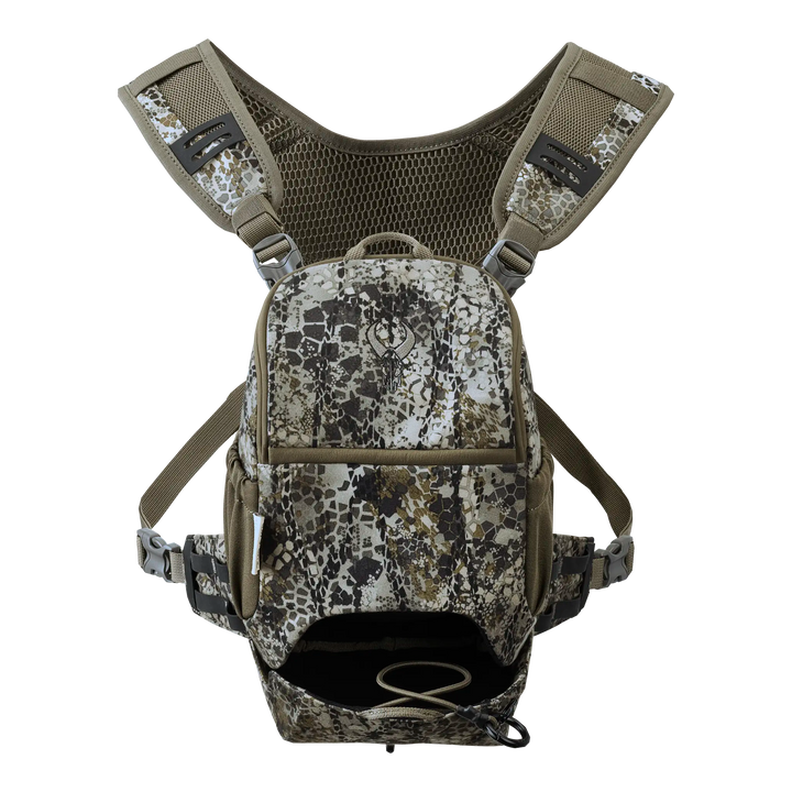 Badlands camo chest pack with mesh straps and skull logo, designed for outdoor gear organization and easy access.