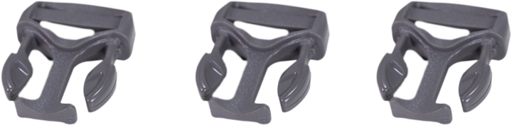 Three gray Badlands logo skull buckles, each with leaf-shaped prongs, shown on a white background.