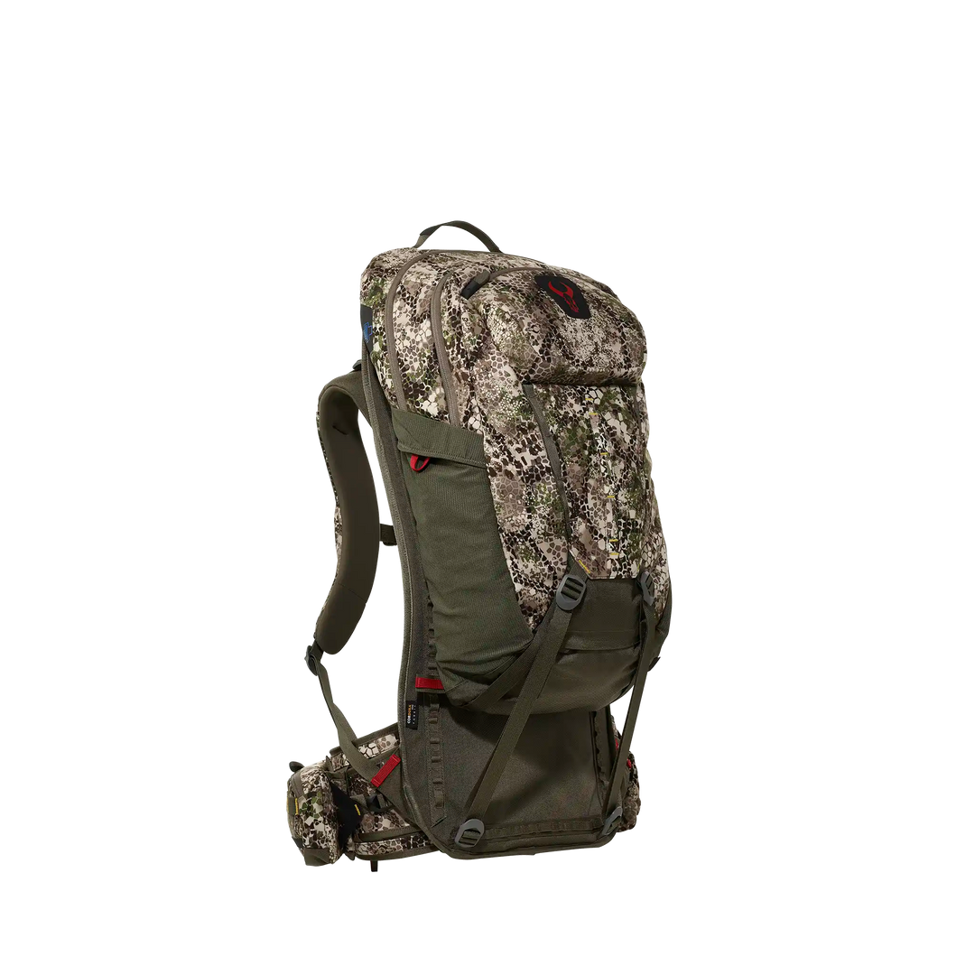 Badlands camo hunting backpack with red skull logo, ergonomic straps, and multiple compartments for outdoor gear.