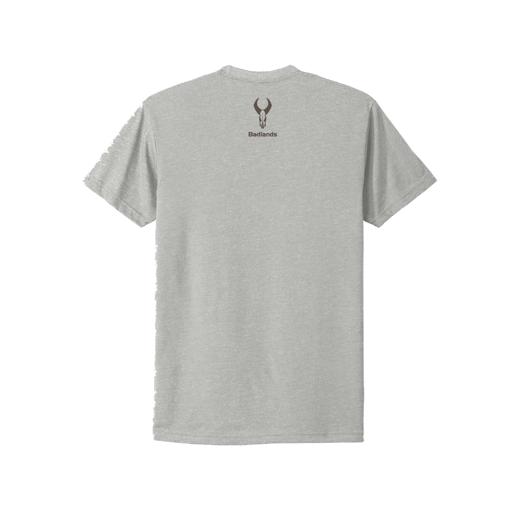 Light gray T-shirt with Badlands skull logo and "Badlands" text centered on the upper back.
