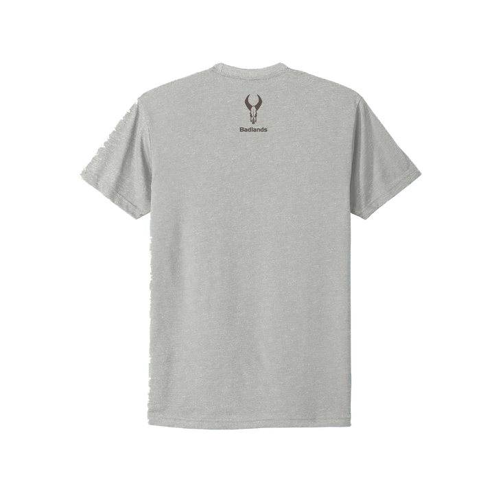 Light gray T-shirt with Badlands skull logo and "Badlands" text centered on the upper back.