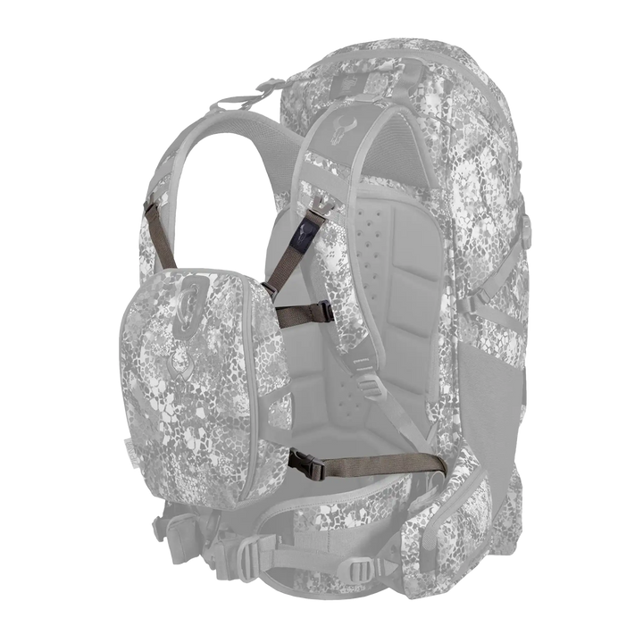 Badlands camo backpack with detachable pouch; skull logo visible on pouch. Straps connect pouch to main pack.