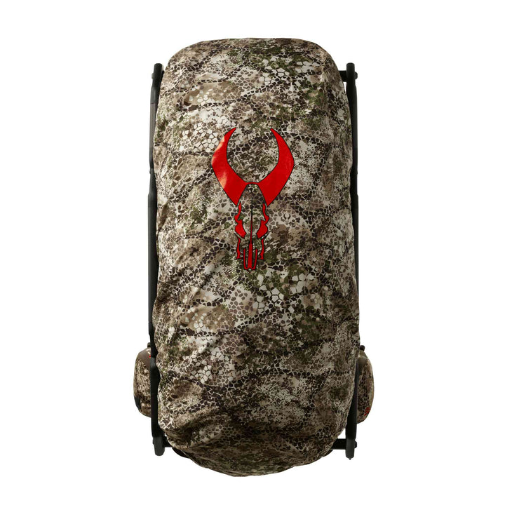 Camo hunting pack with red Badlands skull logo, shown from the back against a white background.