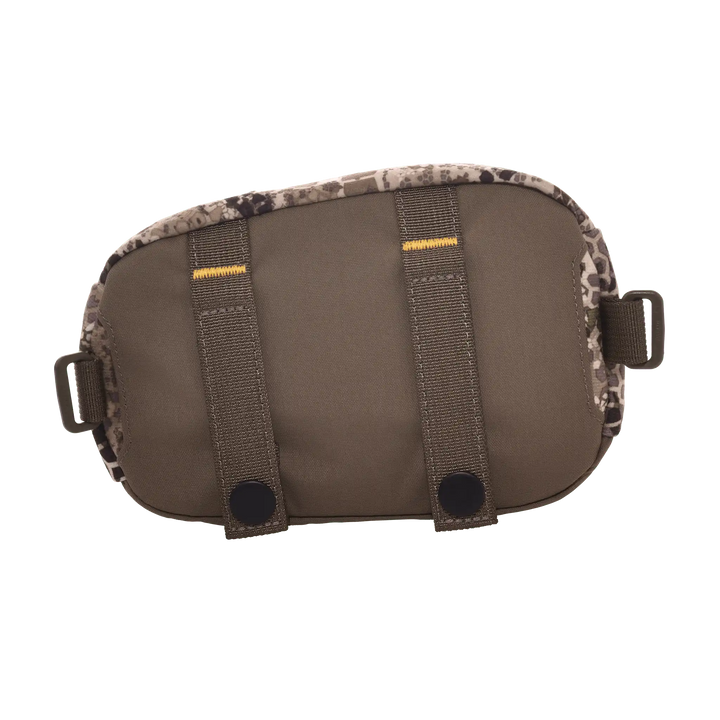 Brown Badlands pouch with camo trim, dual straps, and side loops; skull logo not visible on this side.