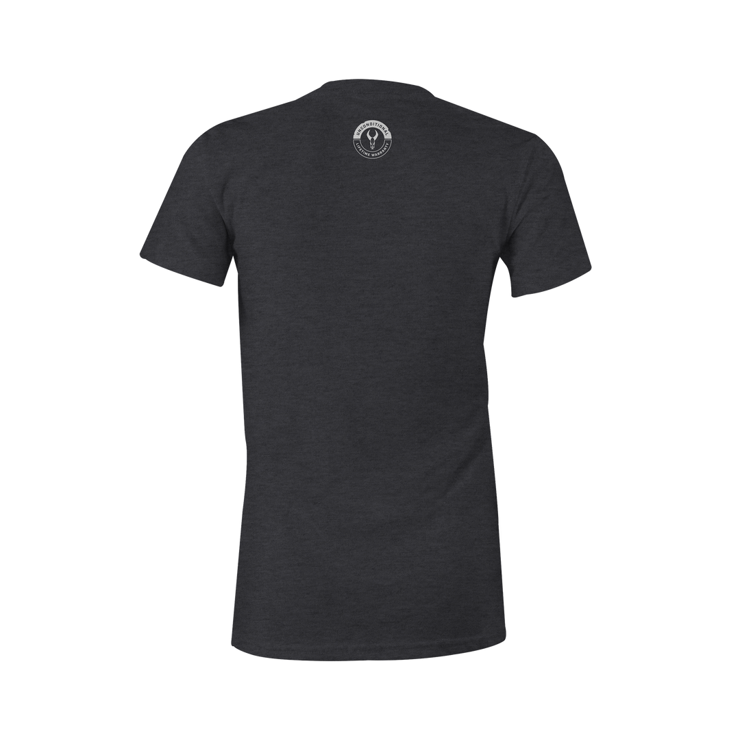 Black Badlands t-shirt, back view, with small white Badlands skull logo at the upper center.