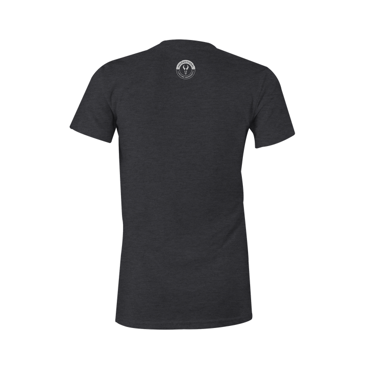 Black Badlands t-shirt, back view, with small white Badlands skull logo at the upper center.