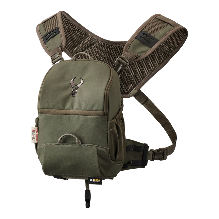 Olive Badlands chest pack with mesh straps and skull logo, designed for outdoor gear storage and easy access.