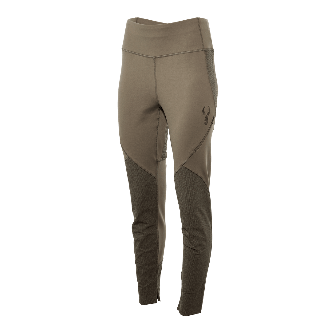 Olive Badlands women's hunting pants with logo skull on thigh; ergonomic seams and reinforced knee panels.