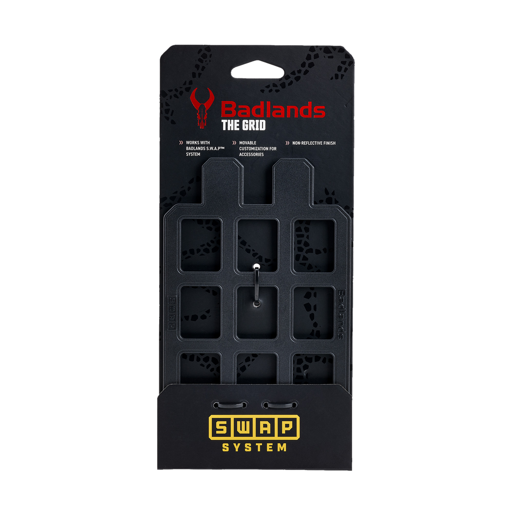 Badlands The Grid accessory panel with skull logo, SWAP System branding, and modular grid for gear organization.