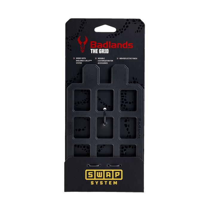Badlands The Grid accessory panel with skull logo, SWAP System branding, and modular grid for gear organization.