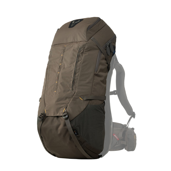 Large brown Badlands hunting backpack with skull logo, multiple pockets, and padded straps, shown on a white background.