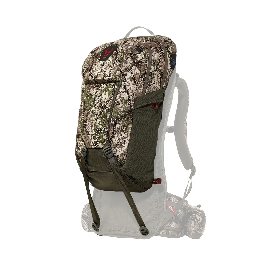 Badlands camo hunting backpack with red skull logo, padded straps, and multiple compartments for gear organization.