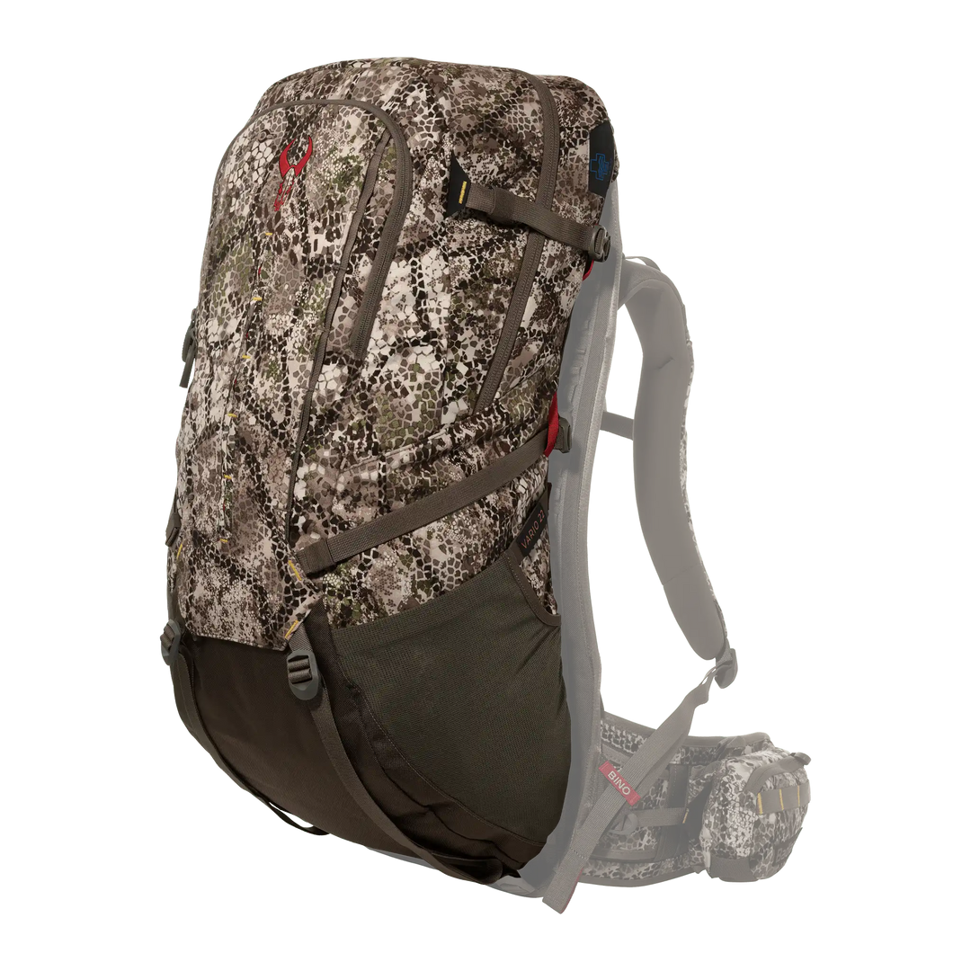 Badlands camo hunting backpack with padded straps, side pockets, and red skull logo on front.
