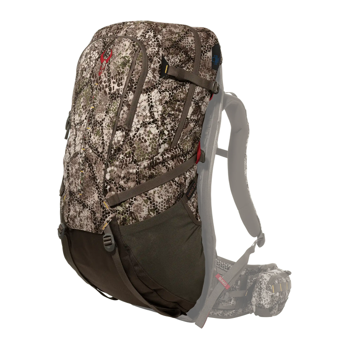 Badlands camo hunting backpack with padded straps, side pockets, and red skull logo on front.