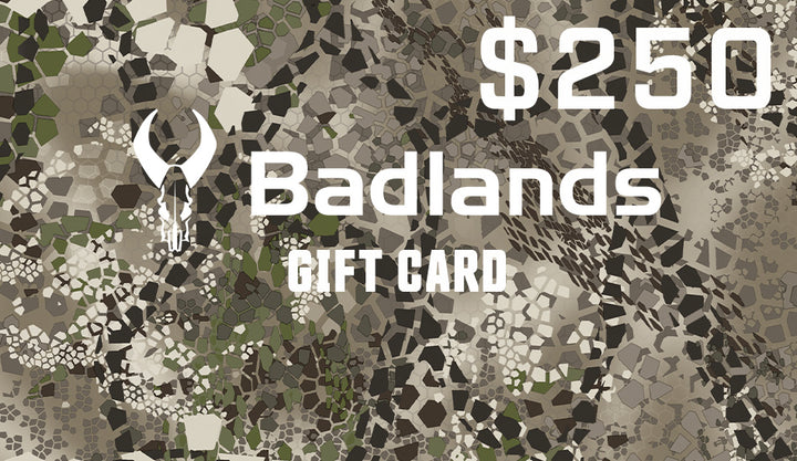 Badlands $250 gift card with skull logo on a camouflage background. Text is bold and high-contrast for easy readability.