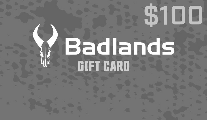 Gray Badlands $100 gift card with skull logo and textured background.