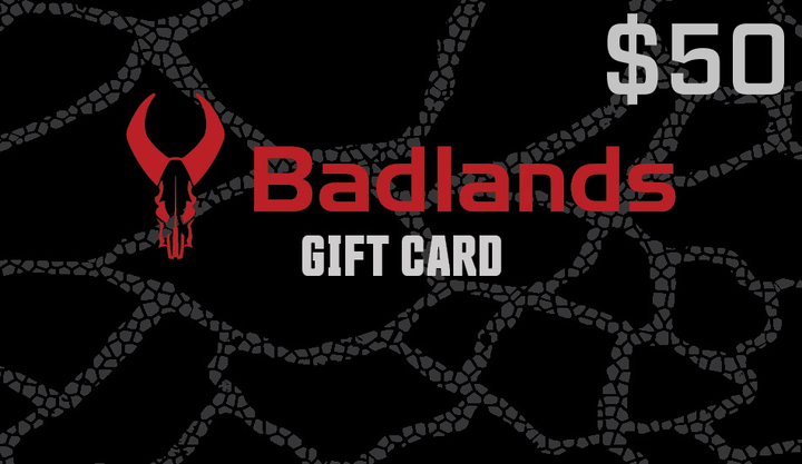 Badlands $50 gift card with red skull logo on a black patterned background.