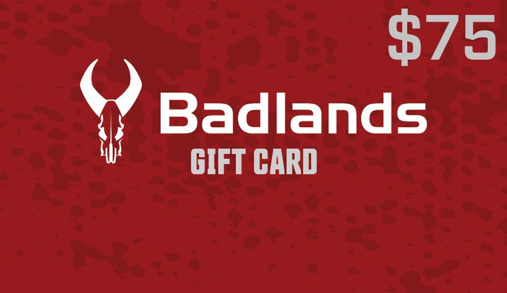 Red Badlands gift card with white skull logo, "$75" in top right, and "Badlands GIFT CARD" in bold white text.