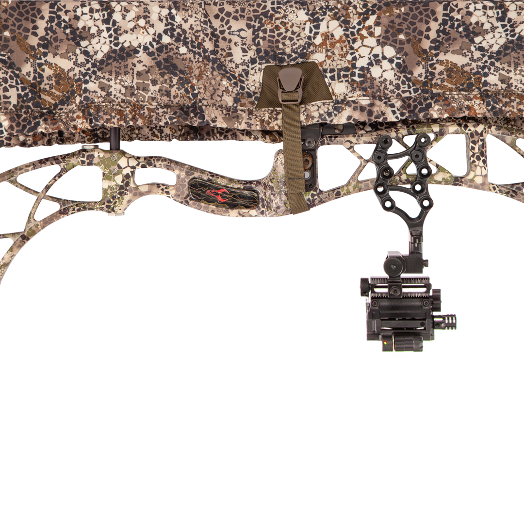Badlands camo bow cover with Badlands skull logo, strap, and sight; designed for archery gear protection and concealment.