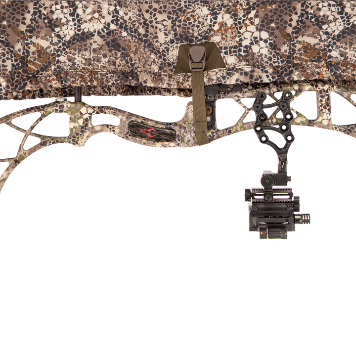 Badlands camo bow cover with Badlands skull logo, strap, and sight; designed for archery gear protection and concealment.