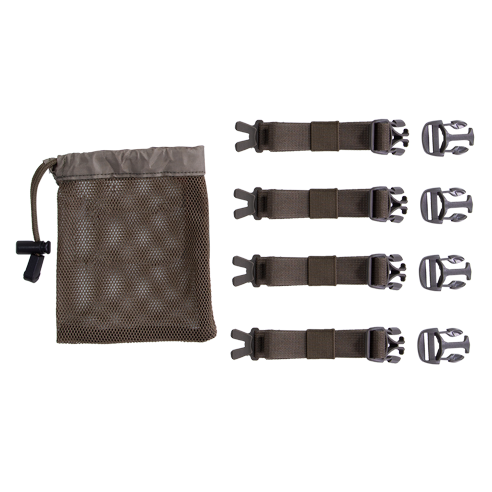Badlands mesh pouch with logo skull and four adjustable brown straps with buckles, shown on a white background.