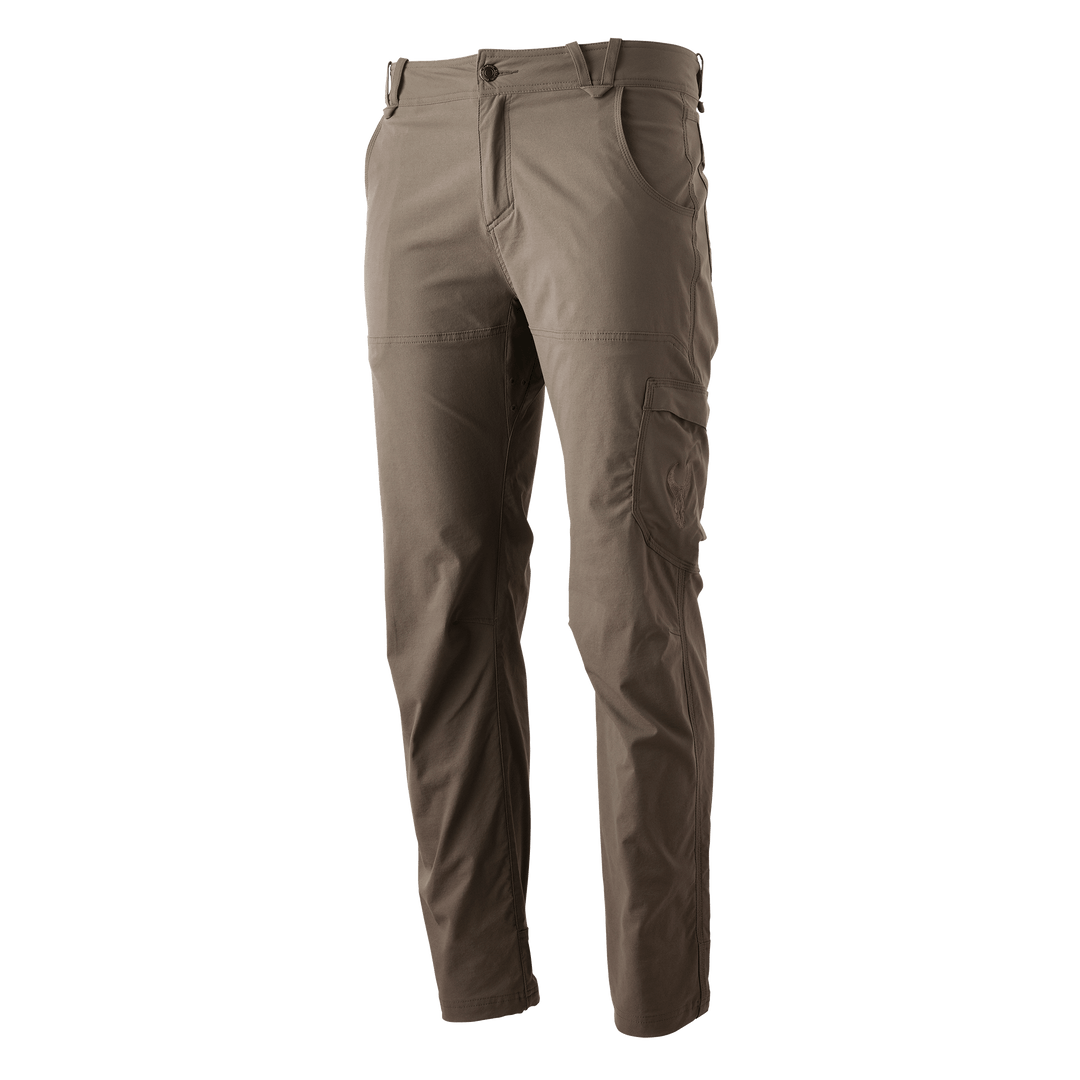 Badlands brown cargo pants with multiple pockets, designed for outdoor use; features the Badlands skull logo.