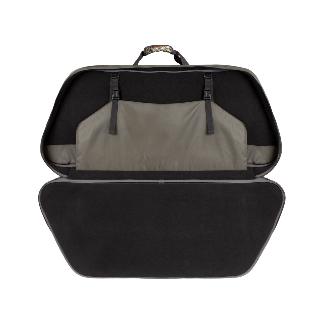 Open Badlands case with padded interior, storage pocket, and handle featuring the Badlands skull logo.