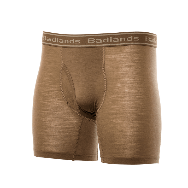 Brown Badlands boxer briefs with logo waistband, designed for comfort and support.
